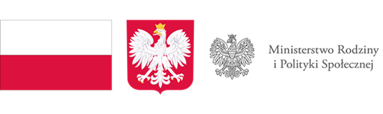 flaga polski, godło, logo ministerstwa rodziny i polityki społecznej